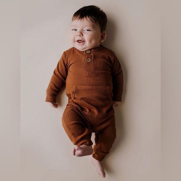 Three Little Tots (2) Baby Ribbed Organic Playsuits with Pockets |Sz 3-6 months - Picture 3 of 12